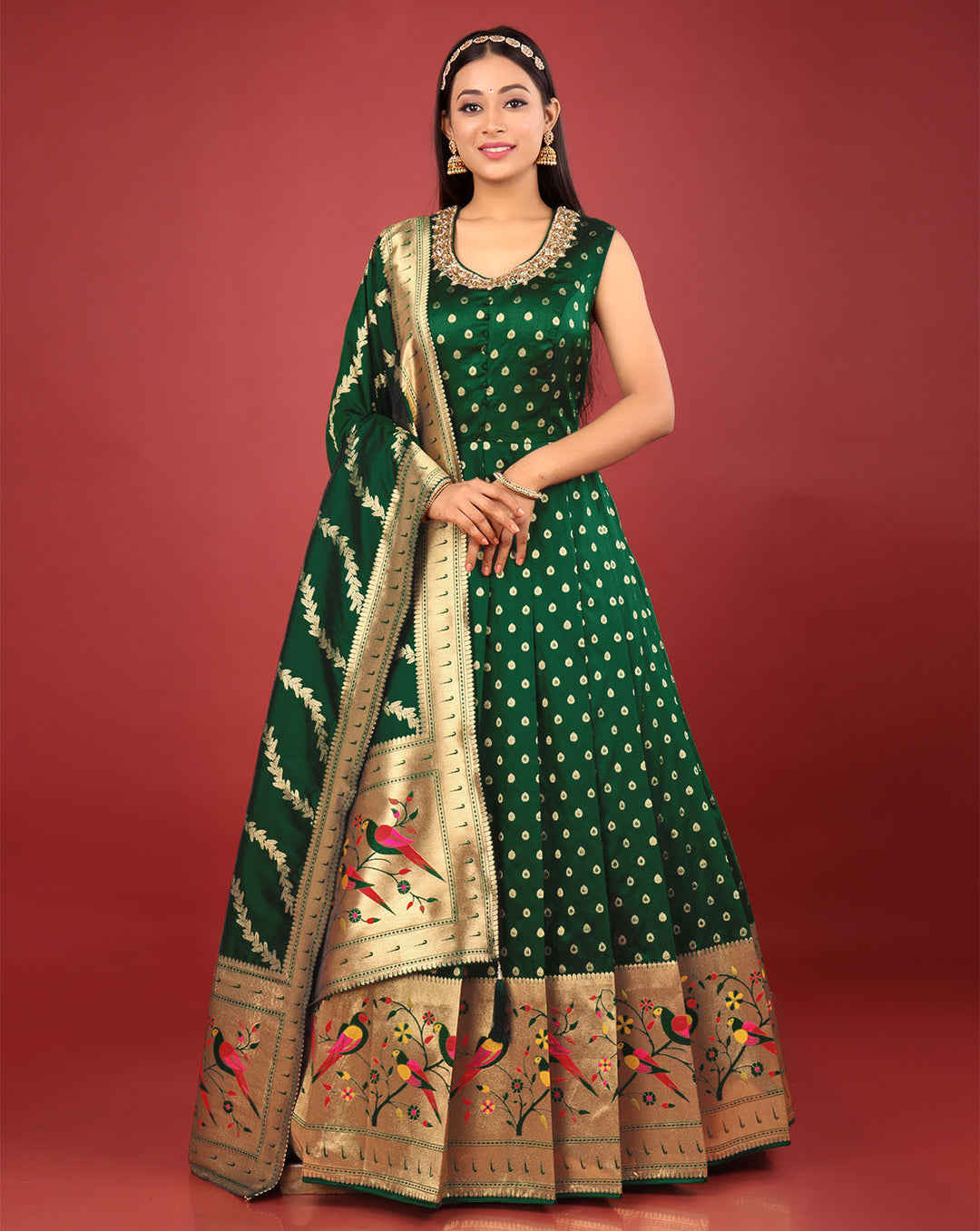 Bottle Green Banarasi Silk Gown 