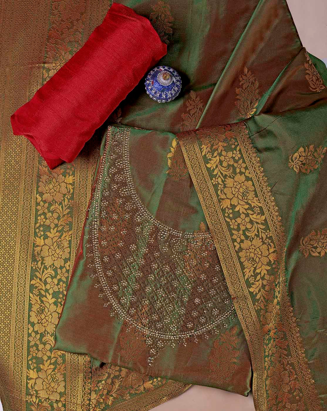 Green Banarasi Silk Dress Material 