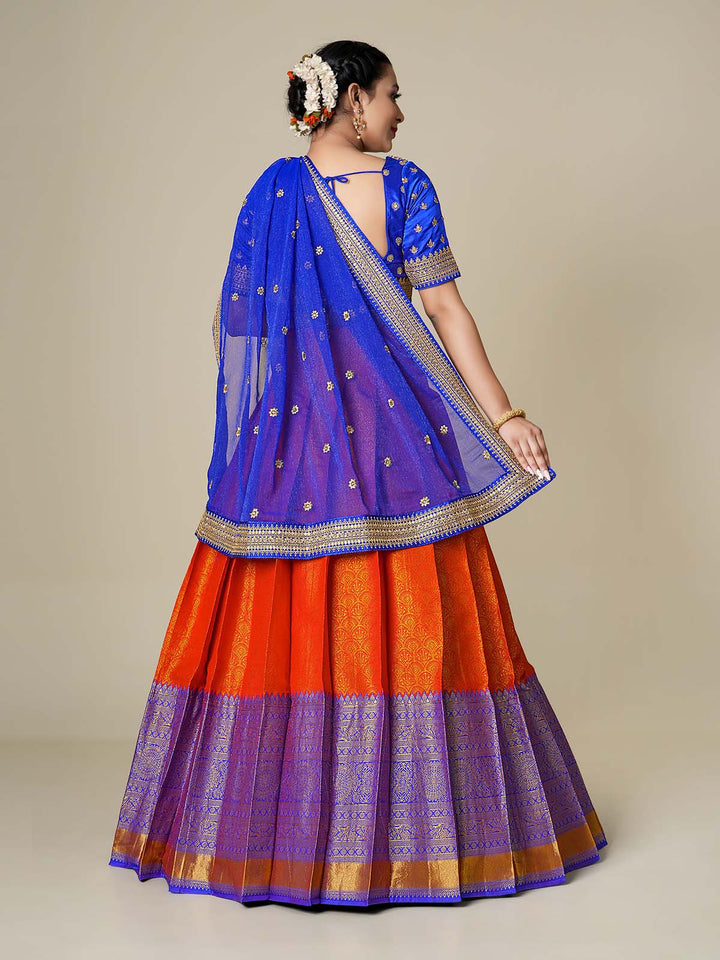 Stunning Traditional Red and Blue Banarasi Silk Half Saree
