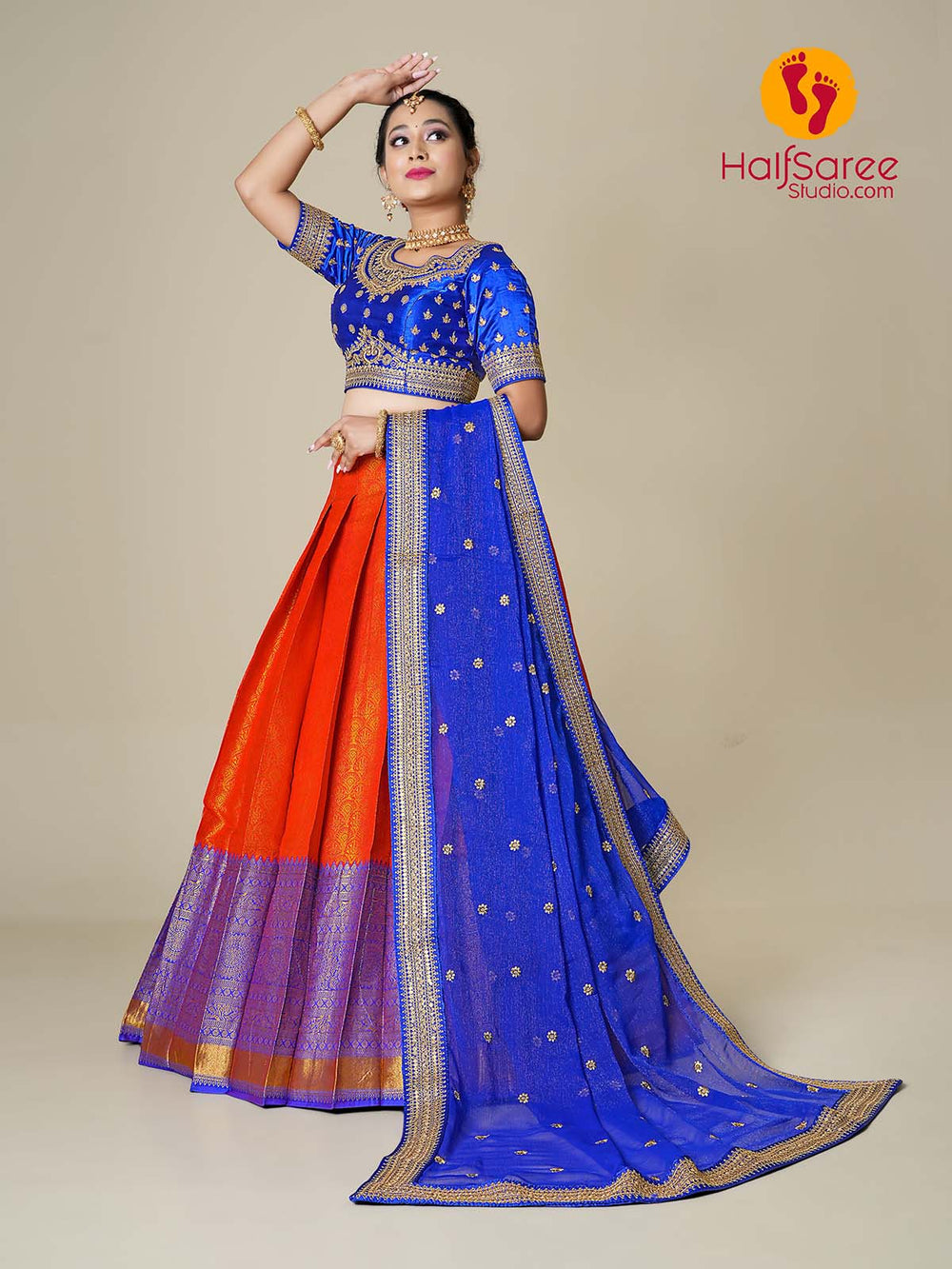 Stunning Traditional Red and Blue Banarasi Silk Half Saree Studio