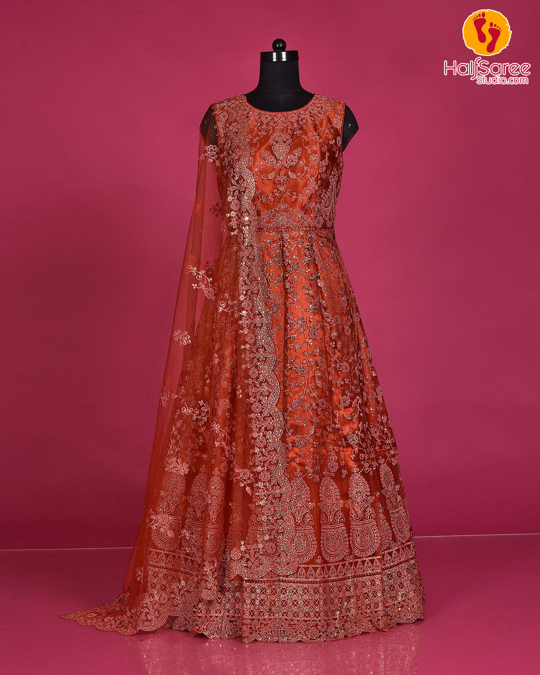 rust readymade embroidered gown